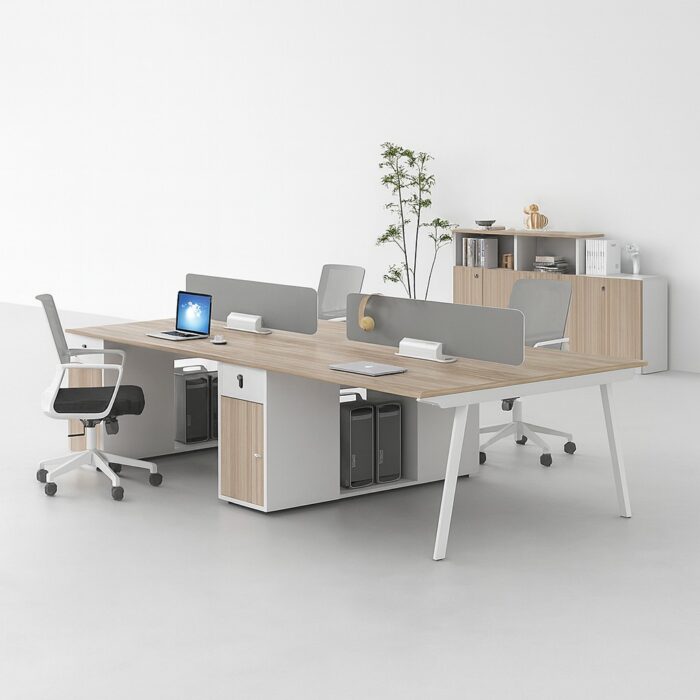 Modern executive office furniture setup with desk and chairs